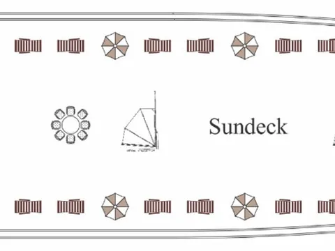 A top-down floor plan diagram of a cruise boat sundeck showing seating arrangements with parasol-covered tables and chairs along the edges and circular tables in the center.