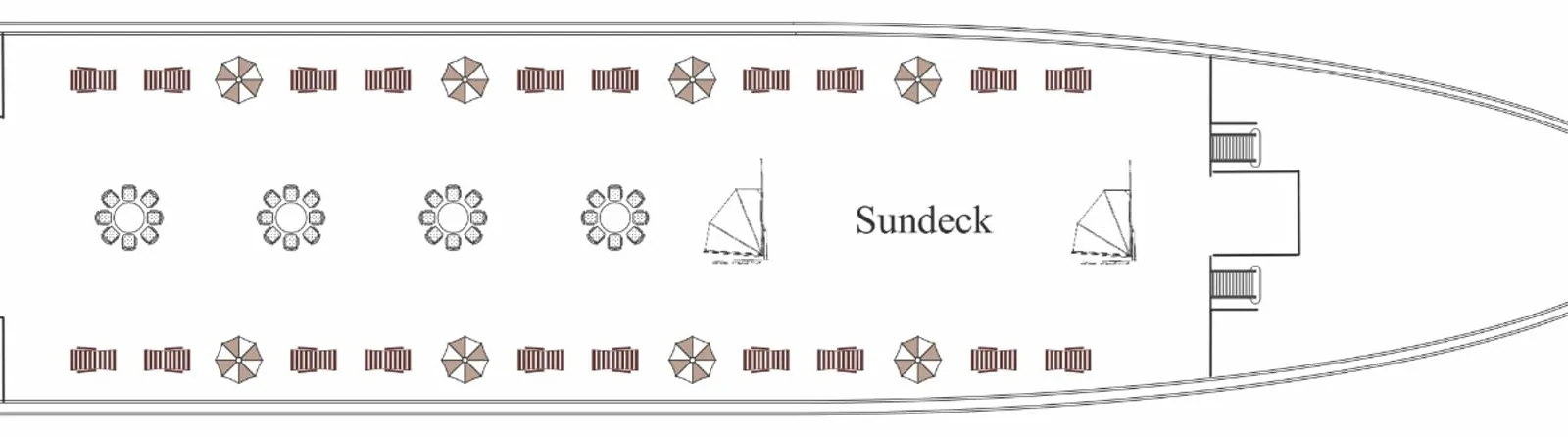 A top-down floor plan diagram of a cruise boat sundeck showing seating arrangements with parasol-covered tables and chairs along the edges and circular tables in the center.