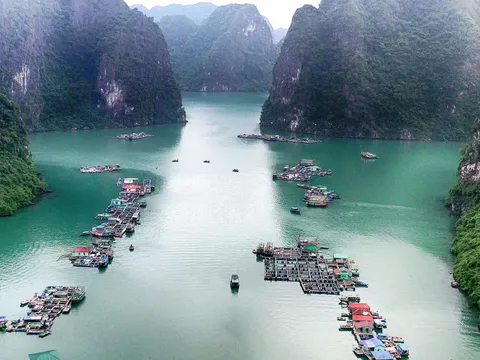 Aerial view of floating fish farms and houses clustered in emerald water surrounded by tall limestone karst islands covered in vegetation.