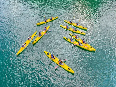 Aerial view of multiple people paddling yellow kayaks in turquoise water.