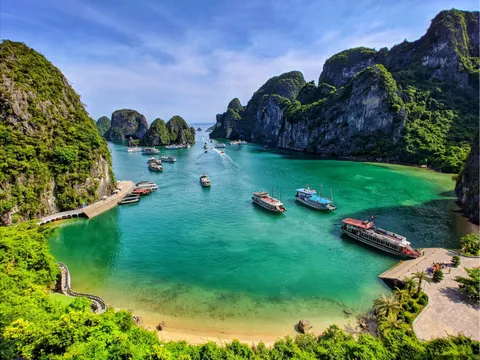 An aerial view of a sheltered bay with turquoise water, limestone karst cliffs covered in vegetation, several cruise boats moored near wooden docks, and a small beach.