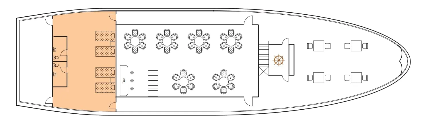 A top-down floor plan diagram of a boat showing dining tables, chairs, a bar area, helm station with steering wheel, and outdoor deck seating.