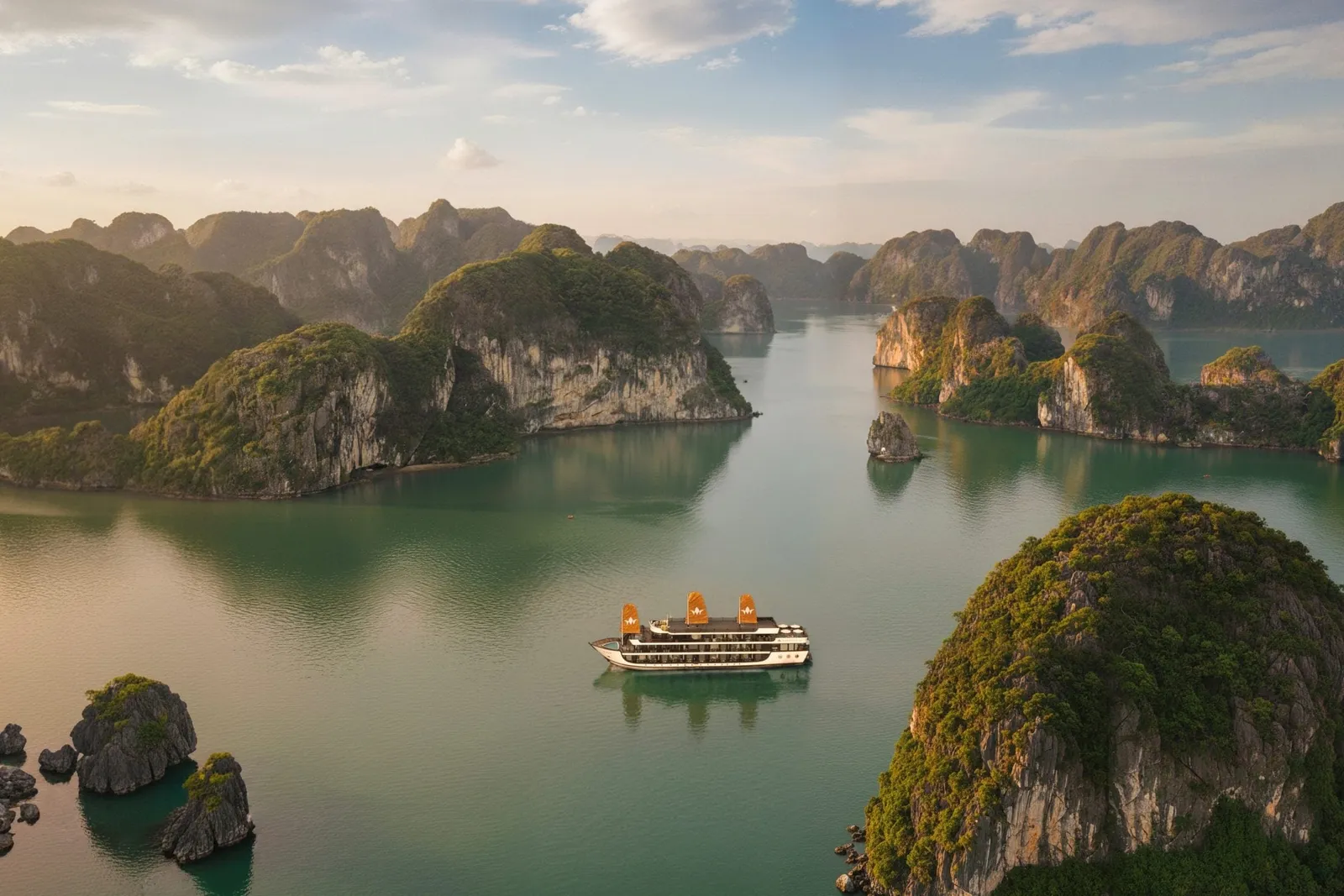 An aerial view of a white cruise ship with orange sails sailing among limestone karst islands in calm green water.