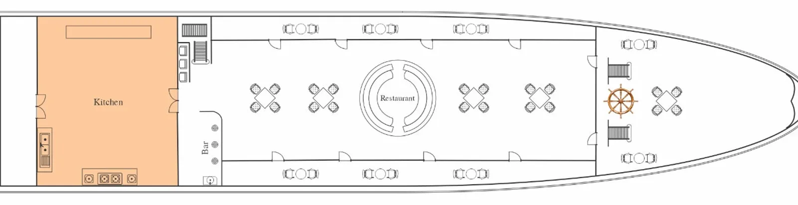 A top-down floor plan diagram of a cruise boat deck showing labeled areas including Kitchen, Bar, and Restaurant with table and chair symbols.