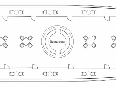 A top-down floor plan diagram of a cruise boat deck showing labeled areas including Kitchen, Bar, and Restaurant with table and chair symbols.