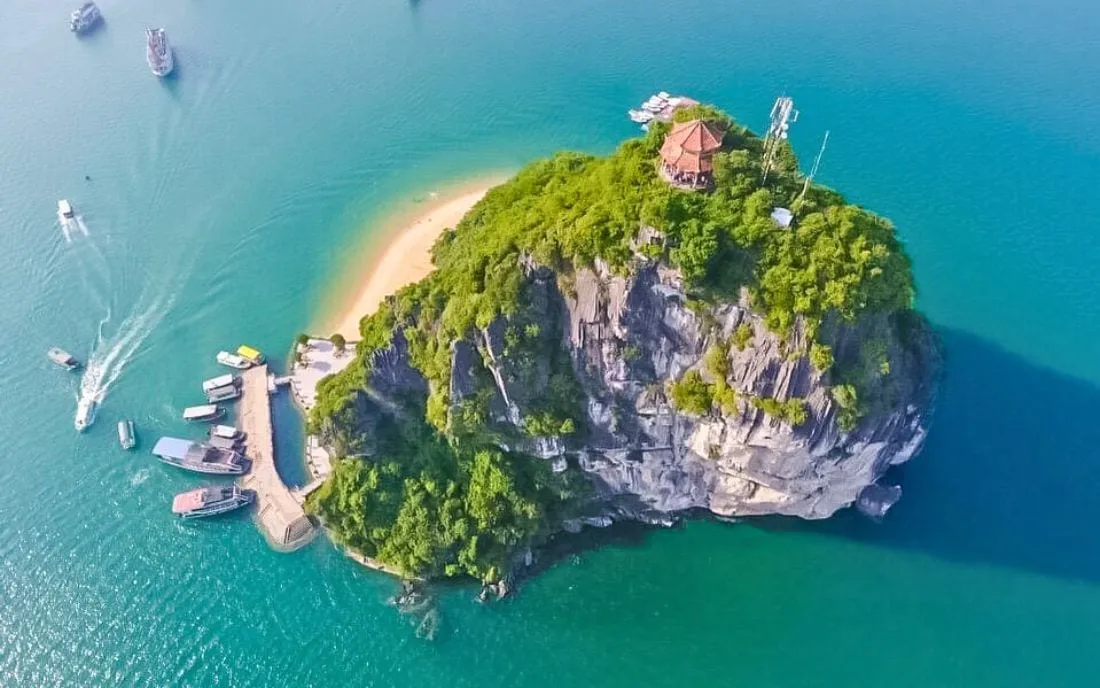 Aerial view of a small limestone island with dense vegetation, a beach, wooden pier with moored boats, and a structure with pink roof at the top.