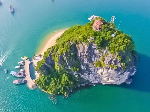 Aerial view of a small limestone island with dense vegetation, a beach, wooden pier with moored boats, and a structure with pink roof at the top.