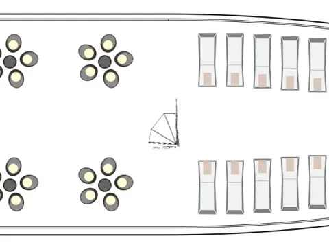 A top-down floor plan diagram of a boat deck layout showing seating arrangements with circular light fixtures and rectangular seats.