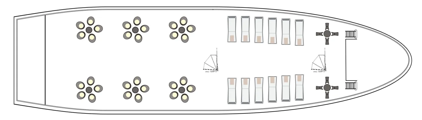 A top-down floor plan diagram of a boat deck layout showing seating arrangements with circular light fixtures and rectangular seats.