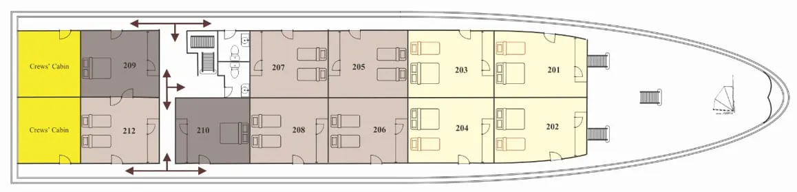 A top-down deck plan diagram of a cruise boat showing numbered cabins 201–212 and two crew cabins, with furniture layouts indicated.