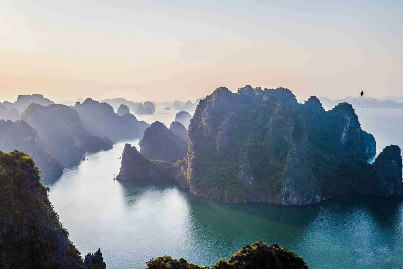 An elevated hazy view of forested limestone karst islands rising from calm green-blue water, with a bird flying in the sky and no boats, text, or logos visible.