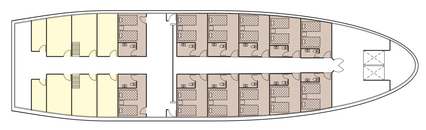 A top-down deck plan diagram of a boat showing multiple cabin layouts with beds and bathrooms arranged along a central corridor.