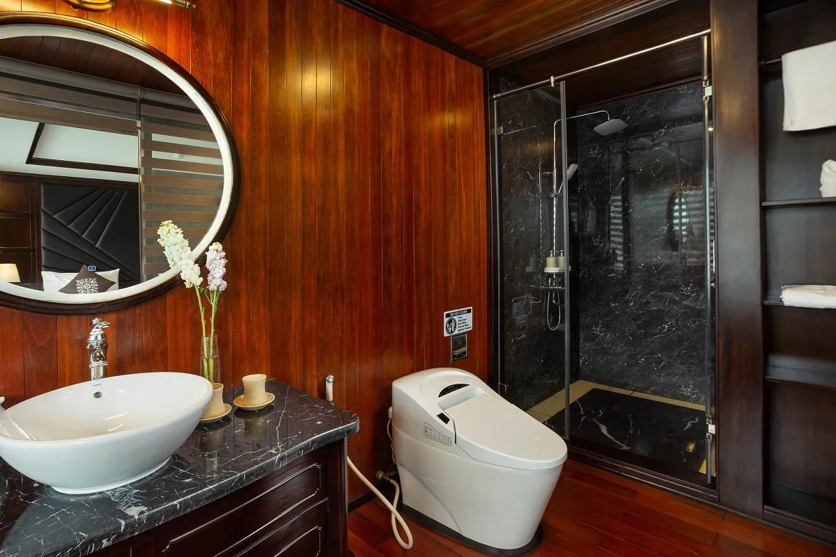 A luxury cruise boat bathroom with wood paneling, white vessel sink, modern toilet, and glass-enclosed shower with dark marble walls.