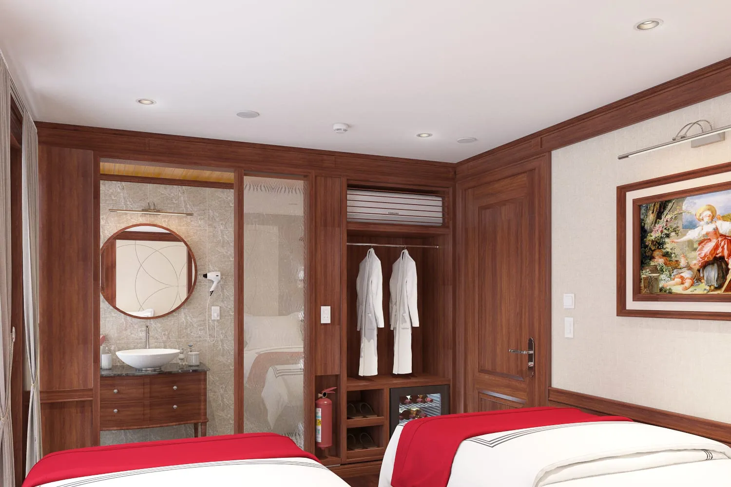 A boat cabin interior with two beds, wood paneling, an ensuite bathroom visible through glass, hanging robes, and a framed painting on the wall.
