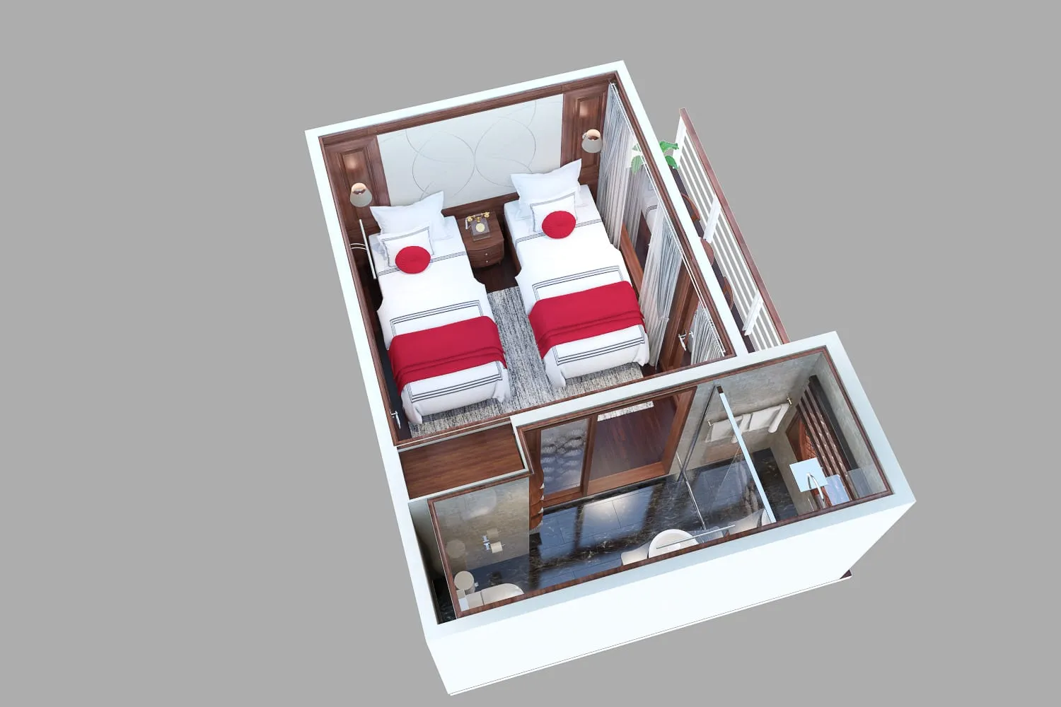 A cutaway 3D architectural view showing a two-level boat cabin with beds on the upper level and a bathroom with glass floor on the lower level.