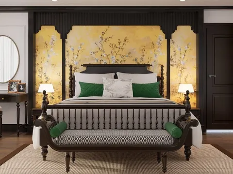 A luxury cabin interior with a four-poster bed, yellow floral decorative panels, dark wood furniture, a vanity with round mirrors, and a bench at the foot of the bed.