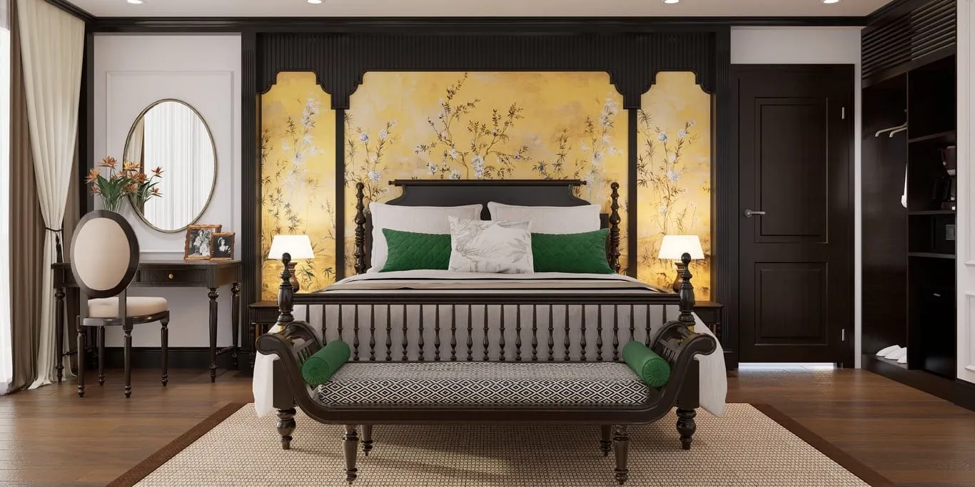 A luxury cabin interior with a four-poster bed, yellow floral decorative panels, dark wood furniture, a vanity with round mirrors, and a bench at the foot of the bed.
