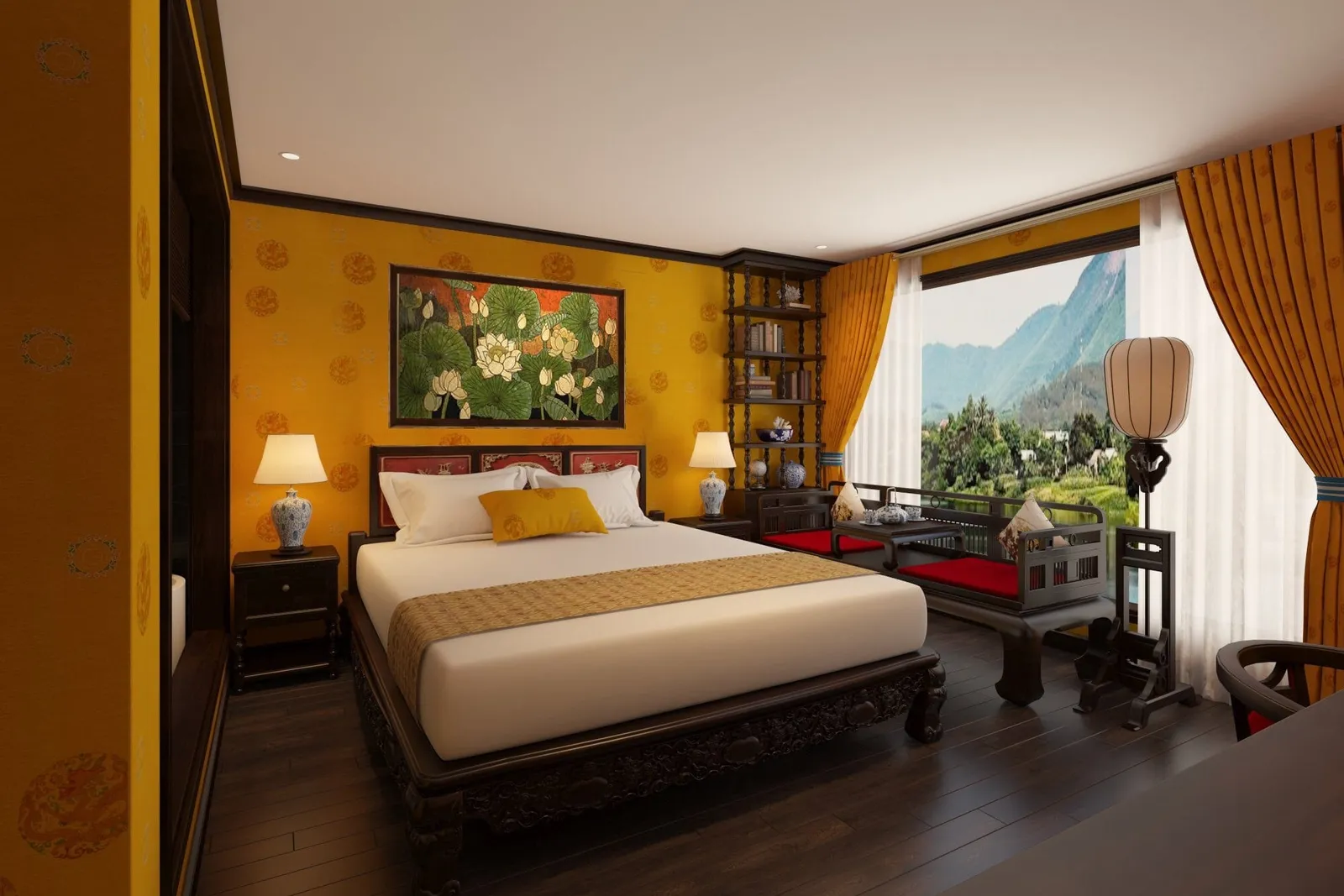Cabin with mustard walls and a lotus painting over the bed, dark timber furniture and a window onto the bay
