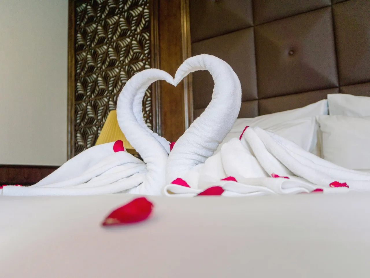 Towels folded into two swans meeting over a heart of rose petals on a white bed, quilted headboard behind