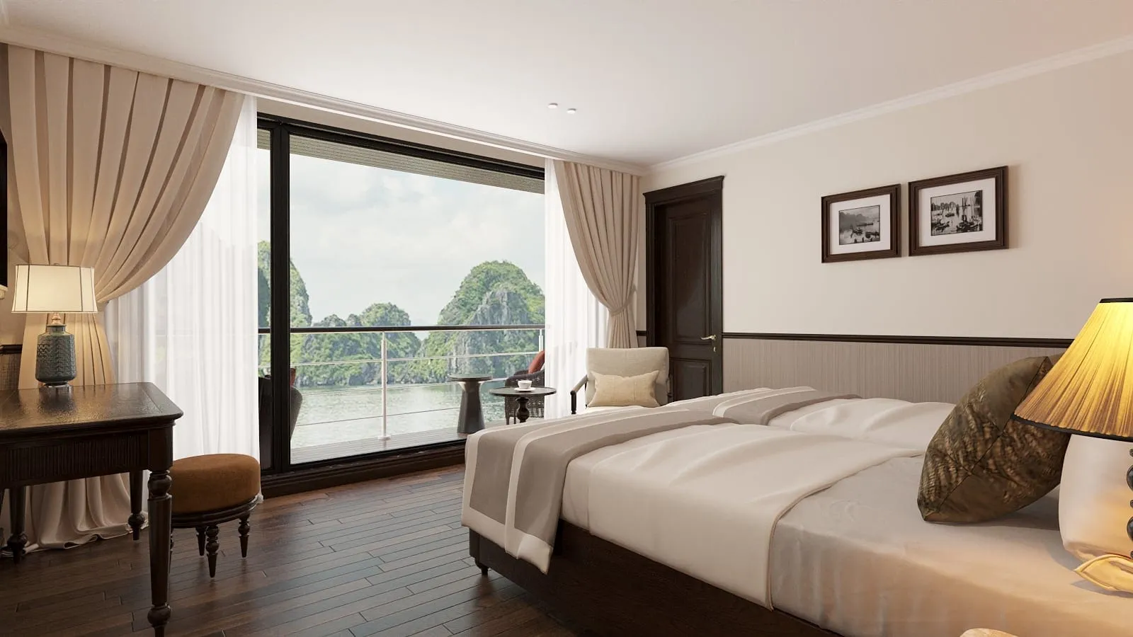 Cabin with the bed facing a wall of glass onto the balcony, a writing desk under framed prints