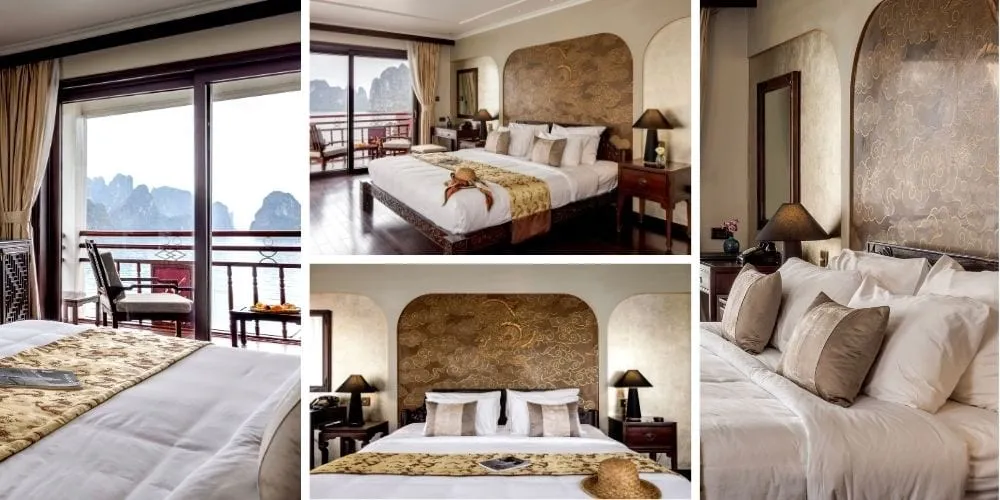 A collage of four photos showing a luxury cruise cabin bedroom with ornate golden headboards, white bedding, dark wood furniture, and a balcony view of karst limestone peaks over water.