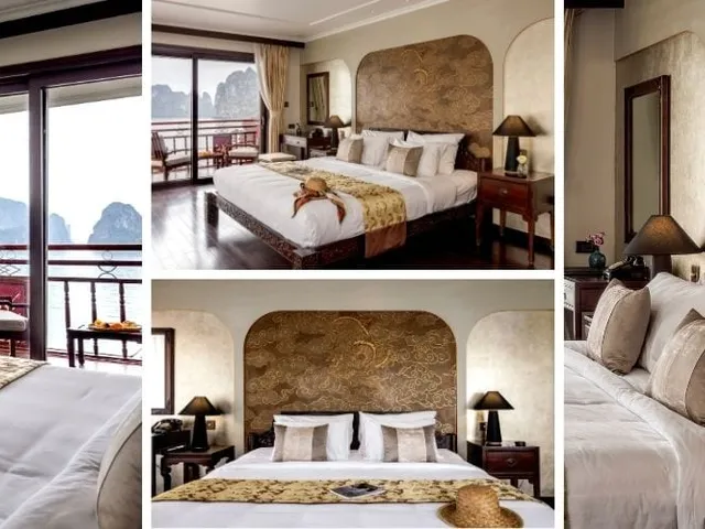 A collage of four photos showing a luxury cruise cabin bedroom with ornate golden headboards, white bedding, dark wood furniture, and a balcony view of karst limestone peaks over water.