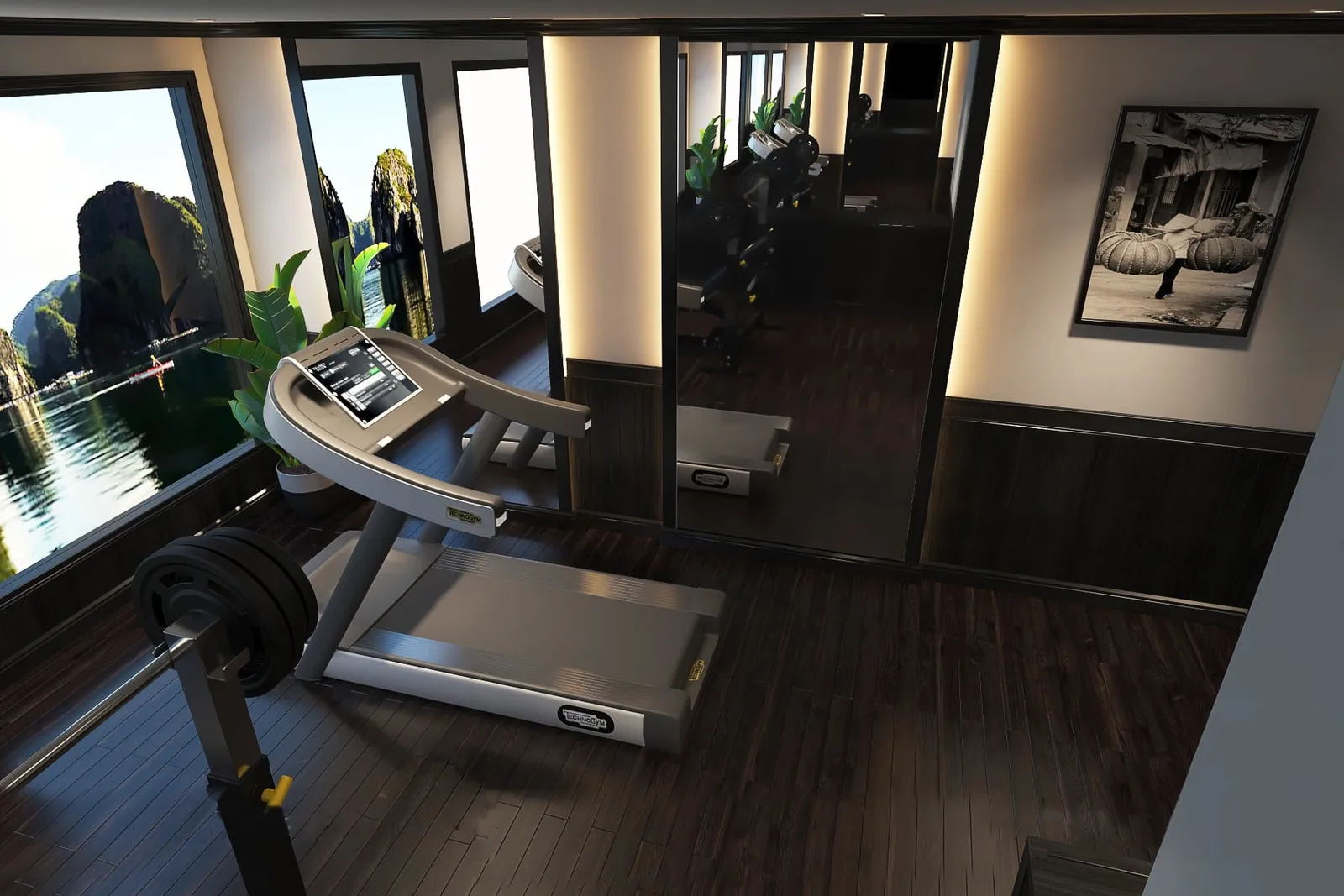 A modern fitness room with treadmill and equipment inside a cruise boat cabin with large windows showing karst limestone formations in the water outside.