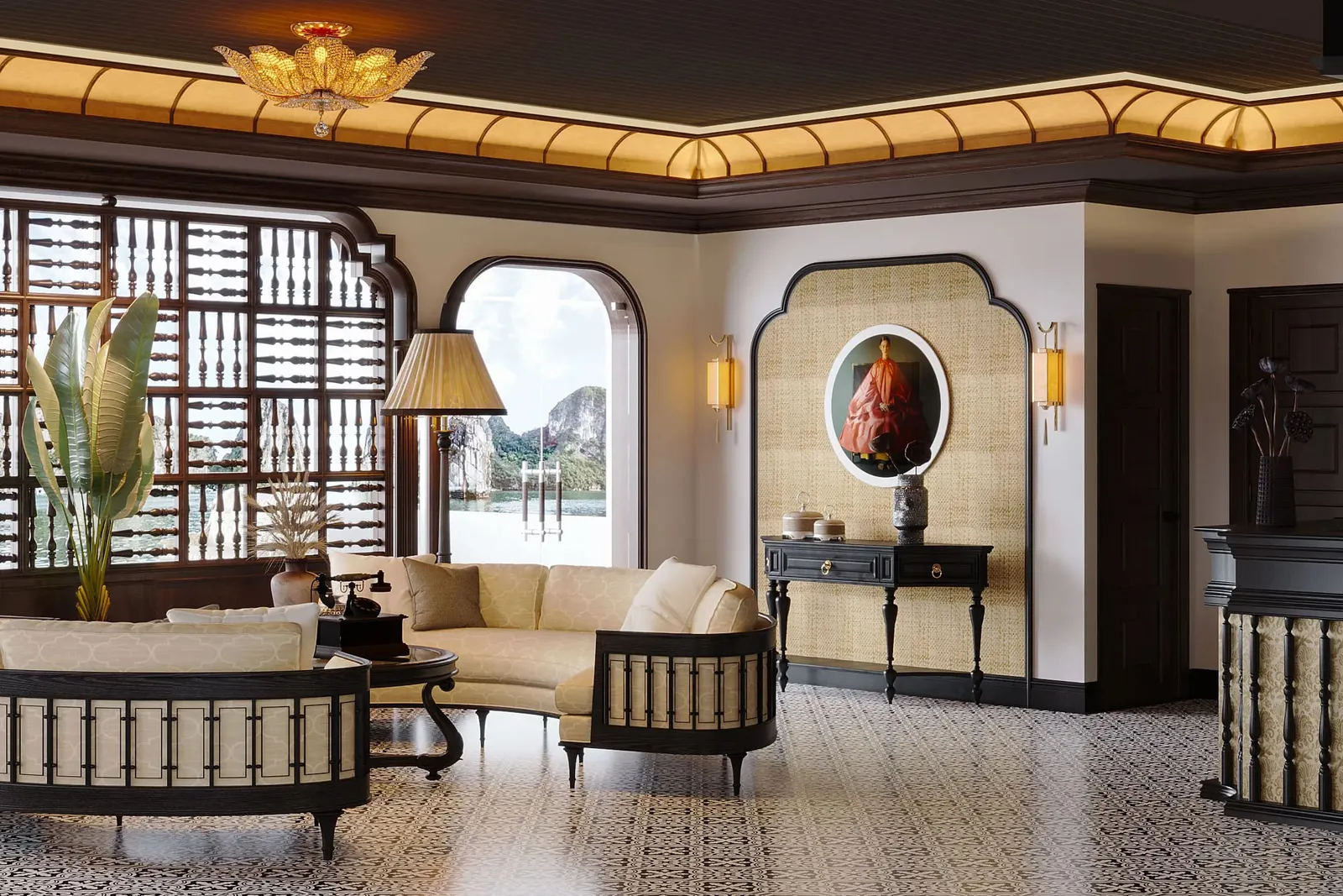 An elegant interior cabin lounge with ornate lighting, decorative screens, cream upholstered furniture, and a window view showing karst limestone formations on the water.