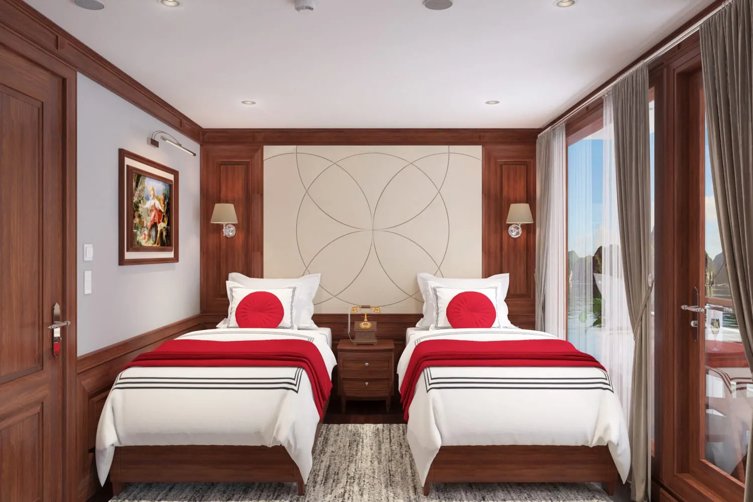 A cabin interior with two twin beds, dark wood paneling, white and red bedding, and windows showing daylight outside.