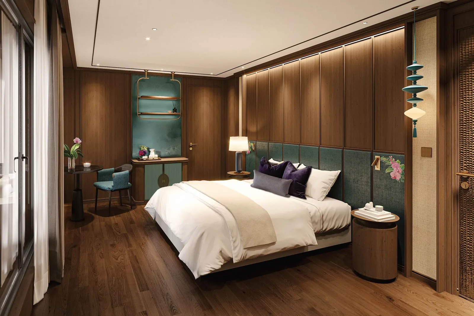 A luxury cabin interior with a double bed, wood paneling, teal accents, and windows on the left side.