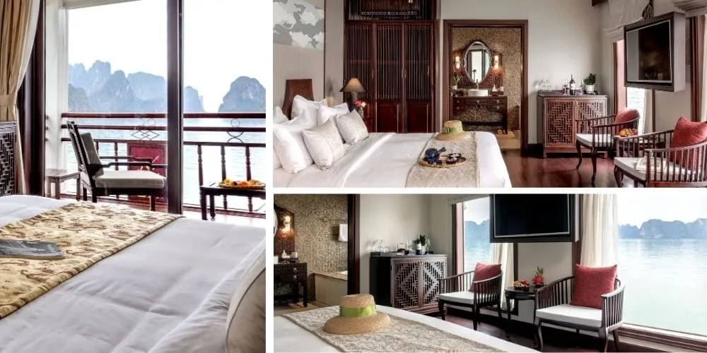 A collage of three shots showing a luxury cruise cabin with dark wood furniture, white bedding, red accent pillows, and large windows or a balcony overlooking karst limestone islands on the water.