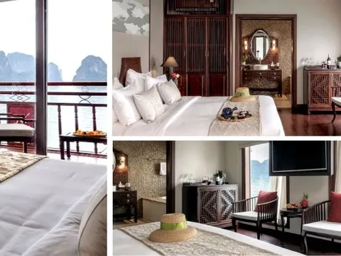 A collage of three shots showing a luxury cruise cabin with dark wood furniture, white bedding, red accent pillows, and large windows or a balcony overlooking karst limestone islands on the water.