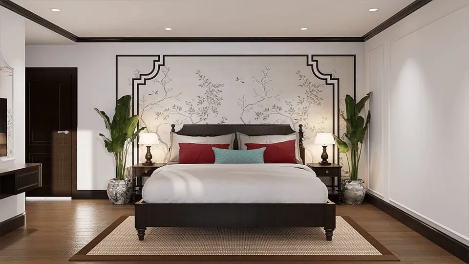 A bedroom interior with a dark wood bed, decorative wall panel with botanical motifs, potted plants, and warm lighting.