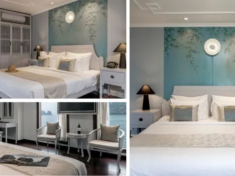 A collage of three shots showing an elegantly decorated boat cabin bedroom with a teal floral headboard wall, white bedding, dark wood floors, black bedside lamps, and a window revealing karst limestone scenery outside.