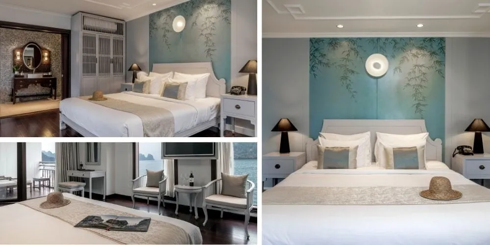 A collage of three shots showing an elegantly decorated boat cabin bedroom with a teal floral headboard wall, white bedding, dark wood floors, black bedside lamps, and a window revealing karst limestone scenery outside.