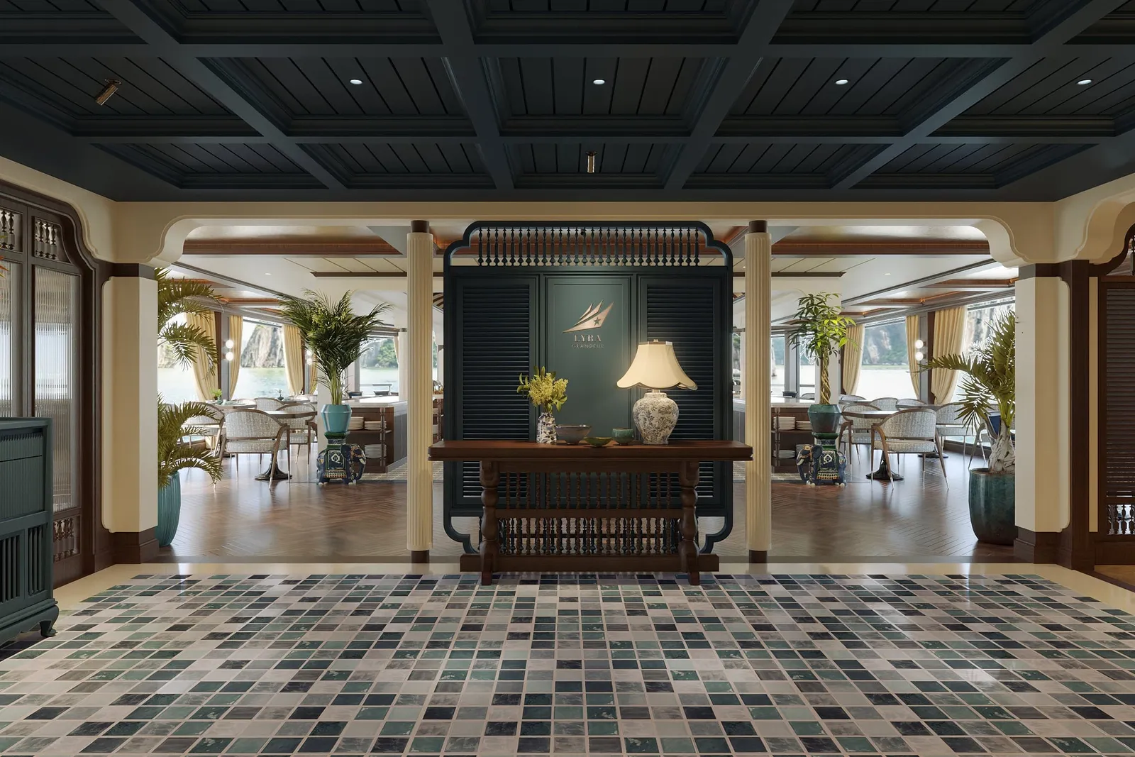 Reception hall with a mosaic tile floor and a console table, corridors running off to either side