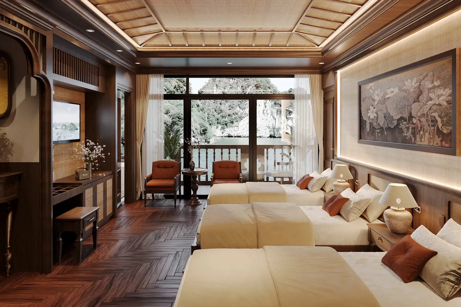 A luxury cabin interior with three beds, dark wood paneling, and doors opening to a balcony with limestone karst formations visible beyond.