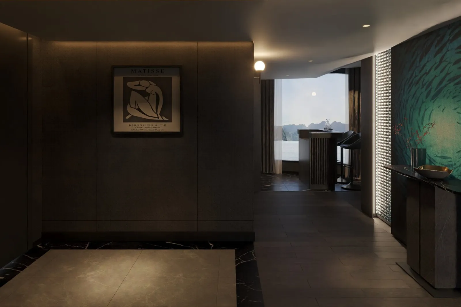 A dim, dark-toned suite entryway with a framed Matisse poster, a teal fish-swirl mural above a console table, and a window at the far end showing a bar counter and misty karst peaks over water.