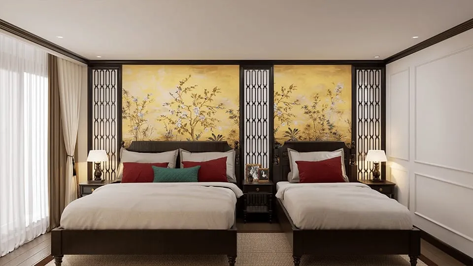 A luxurious cabin interior with two beds, decorative Asian-style wall panels, bedside lamps, and curtained windows.