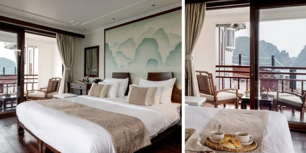 Two side-by-side views of an elegantly furnished cruise cabin with a king bed, wooden furniture, a watercolor mountain mural above the headboard, and a private balcony overlooking karst limestone peaks and water.