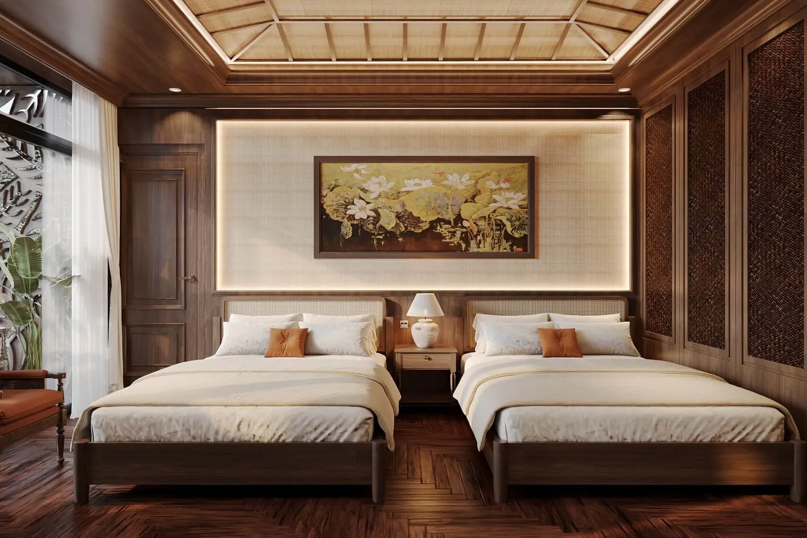 A luxury cabin interior with two beds, wood paneling, a skylight, decorative artwork, and herringbone flooring.