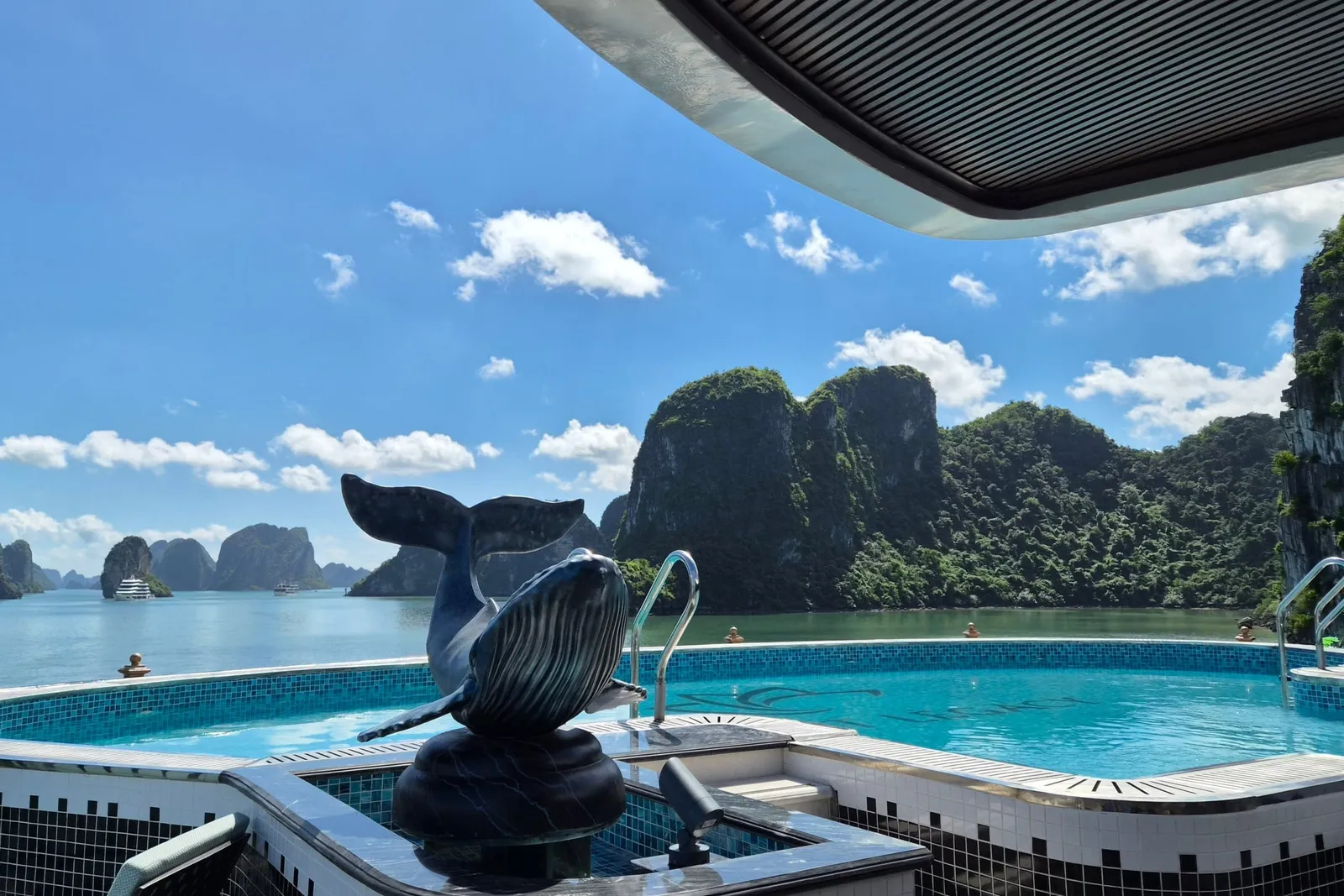 A tiled infinity pool with a whale sculpture on a boat's upper deck, overlooking calm water and forested limestone karsts under a blue sky, with a distant white cruise boat.