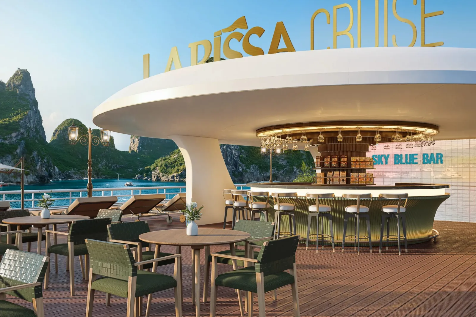 A wooden deck on a cruise boat with outdoor seating, a bar called Sky Blue Bar, large golden letters spelling LARISSA CRUISE mounted on the boat's structure, and dramatic limestone karsts visible in the background water.