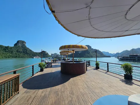 Foredeck shaded by a white awning, a gilded canopy seat at the rail and open water past it