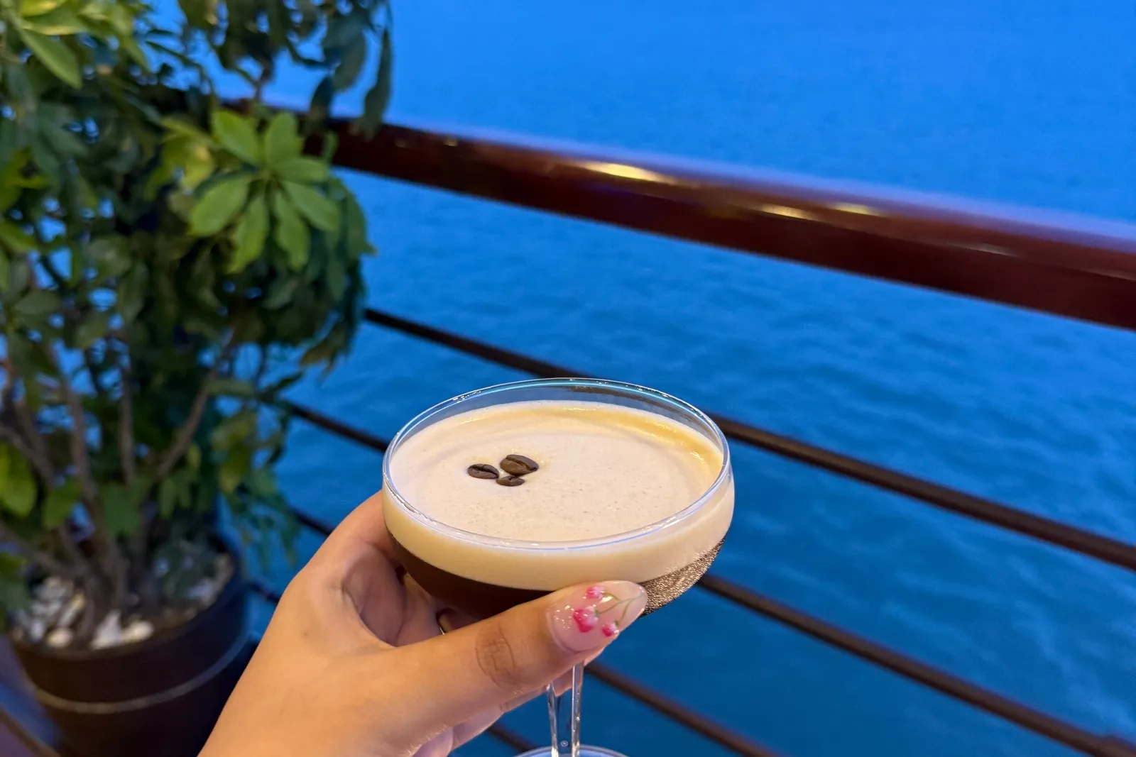 Coffee cocktail held up against the rail, the bay bright behind it