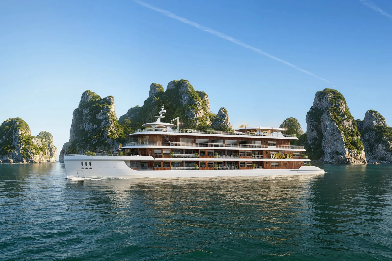 A large white and wood-paneled cruise ship sails through calm green water surrounded by tall limestone karst formations under a clear blue sky.