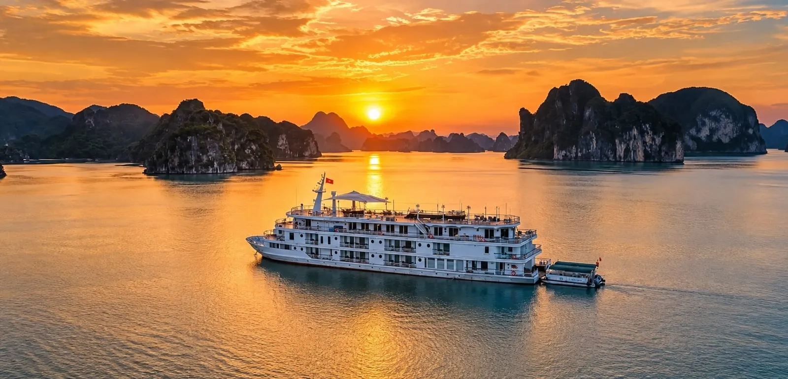 An aerial view of a white multi-deck cruise boat with a small tender alongside, on calm water among forested limestone karst islands at sunset.