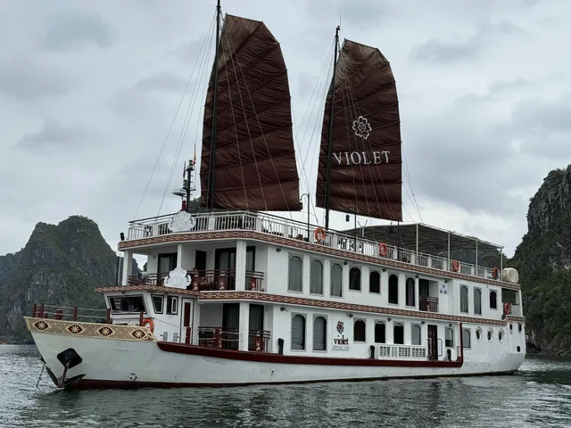 A white multi-deck vessel with two dark brown sails reading VIOLET, anchored among limestone karst islands under an overcast sky.