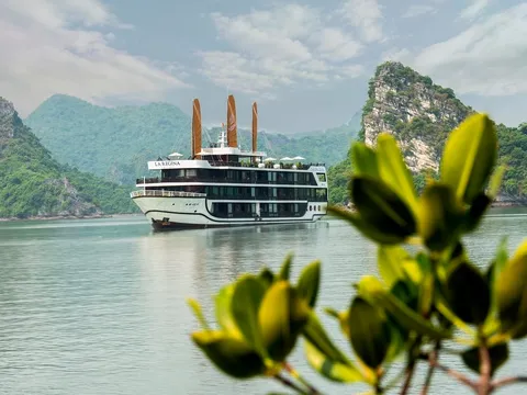 A white multi-deck cruise ship with three orange-brown sails and 'LA REGINA' lettering on its upper hull floats on calm green water among forested limestone karst hills, seen past blurred green leaves in the foreground.
