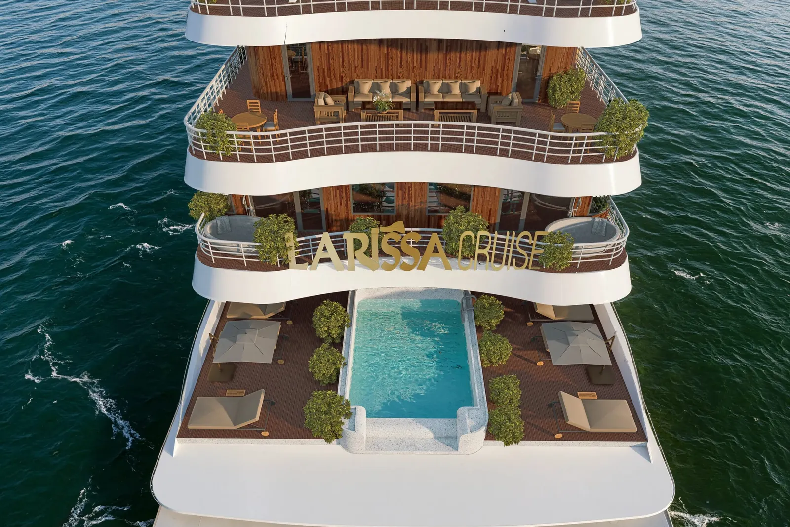 A multi-deck cruise ship stern with a swimming pool on the lowest deck, loungers, wooden furnishings, and 'LARISSA CRUISE' lettering mounted on the third deck railing.